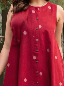 <b>Women</b> Red Polka Dot Rayon <b>Kurta</b> Set with Trouser Regular Fit Knee-Length Traditional Summer Wear Quick Dry India Pakistan Style - Product Image 6