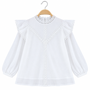 Blusa de encaje para mujer al por mayor, manga larga, hombros con volantes, cuello alto, elegante top de oficina para compradores minoristas de moda boutique - Product Image 1