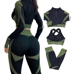 Black Green Color Blocking Yoga Set High Waist Leggings Crisscross Sports Bra Zipper Front Seamless Activewear 2 Piece - Product Image 2