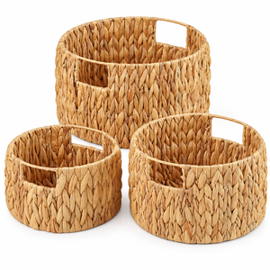 Paniers de rangement cylindriques modernes et écologiques en jacinthe d'eau tressée à la main avec poignées découpées, pour l'organisation des étagères, lot de 3 - Product Image 1