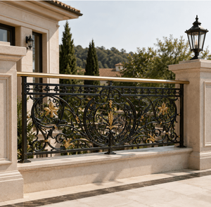 Panneau de balustrade de balcon mural moderne en fer géométrique noir et or pour extérieur, en laiton et en fer - Product Image 6