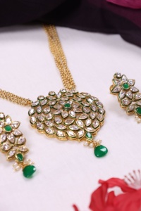 Ensemble de collier pour femme plaqué or 22 carats avec fleurs, cristaux et pierres vertes, bijoux de mariage classiques, modèle 05 - Product Image 3