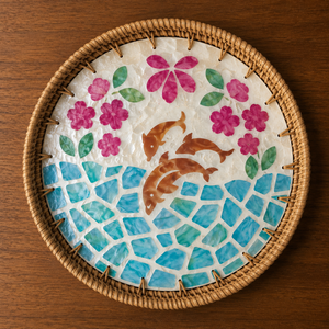 Luxury Round Rattan Mother Of Pearl Tray Seashell Triple Dolphins Pink Flowers Living Room <b>Coffee</b> Table Display Food Wholesale - Product Image 1
