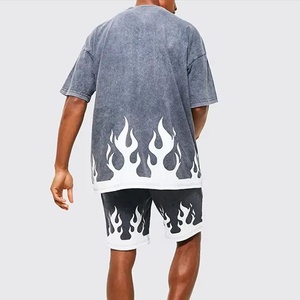 Men's Oversized Acid Wash T-<b>Shirt</b> With <b>Flame</b> Print Short Sleeve O-Neck Street Style Cotton Jersey Tee - Product Image 2
