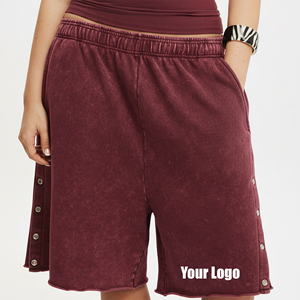 OEM/ODM 100% cotton women's short acid wash streetwear with side buttons custom embroidered logo hip hop ladies short - Product Image 1