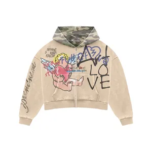Light Blue Graphic Cropped Zip Hoodie | <b>Camo</b> Hood Oversized Streetwear <b>Jacket</b> | Custom OEM Private Label Manufacturer - Product Image 2
