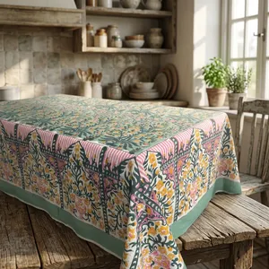 Teal Floral <b>Printed</b> Tablecloth With Pink Border And Traditional <b>Botanical</b> Motifs Hand block Rectangle Cotton Table Cloth Decor - Product Image 2