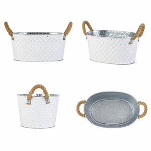 Bandeja para Bebidas Rústica Blanca con Acabado Desgastado y Asas de Cuerda de Cáñamo, Ovalada, de Metal Galvanizado, para Bodas y Fiestas - Product Image 4
