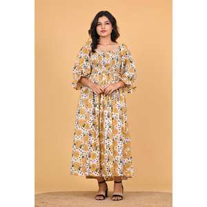 Vestido Maxi Indio 100% Algodón Ecológico con Estampado de Bloques, Estilo Bohemio, Vintage, para Mujer, Ropa de Verano - Product Image 4