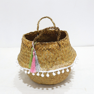 Natural Palm Leaf Storage <b>Basket</b> Handles Bowl Shape Rustic Style Multi-Purpose Decorative Tassels <b>White</b> Pom Pom Trim Precision - Product Image 5