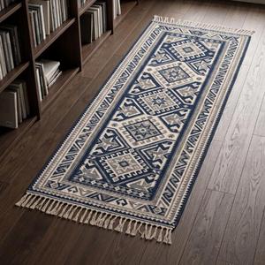 Tapis de couloir Kilim en laine tissé à la main tendance - Tapis de sol tribal géométrique bleu-gris à motifs losanges avec franges, style bohème - Product Image 1