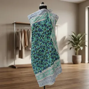 Aqua Blue Floral Hand Block Printed Cotton <b>Sarong</b> Scarf with Decorative Border Lightweight Beach Wrap Stole for Women - Product Image 5