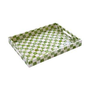 Plateau de service rectangulaire artisanal en nacre incrustée, bleu et blanc à carreaux, plateau décoratif pour table basse, vente en gros - Product Image 1