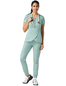 Ensemble de tenue médicale pour femmes, 2 pièces, uniforme d'infirmière, haut à fermeture éclair, manches tulipes, tissu extensible, vêtements de travail pour hôpital - Product Image 3