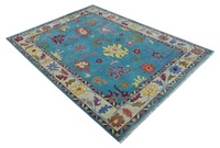 Tapis persan Oushak élégant bleu clair noué à la main, abstrait, en laine/soie, 1 pièce, adapté aux animaux domestiques, antidérapant, très durable, pour salon
