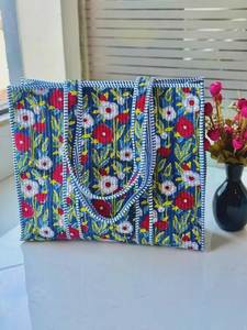 Premium Vendor White Pink Floral Block Printed Cotton Kantha Quilted Storage Tote <b>Bag</b> Women Shoulder Travel Carrying Handbag Pri - Product Image 6