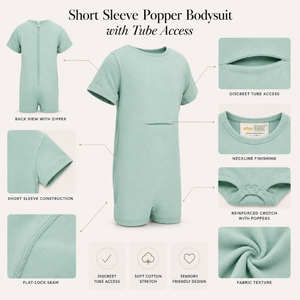 Body de tubo color verde salvia con acceso a tubo |   Ropa Sensorial Especial para Niños, Prendas Inclusivas de Manga Corta, Algodón Elástico, Cómodas y Fáciles de Vestir - Product Image 3