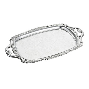 Plateau décoratif rectangulaire en métal argenté avec motif abstrait gravé, design minimaliste, poignée pour la décoration de la maison, Diwali - Product Image 5
