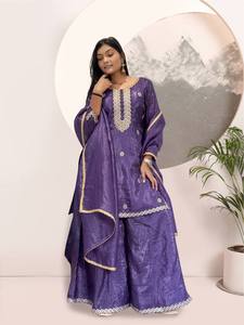 Purple Silk Embroidered <b>Kurta</b> Palazzo Dupatta Set <b>For</b> <b>Women</b> - Product Image 1