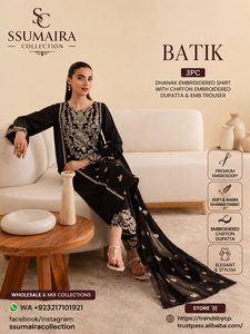 Ssumaira <b>Presenting</b> Dhanak Batik-3PC Eco-Friendly 100% Polyester Embroidered Women's Suit Set Chiffon Dupatta Trousers - Product Image 6