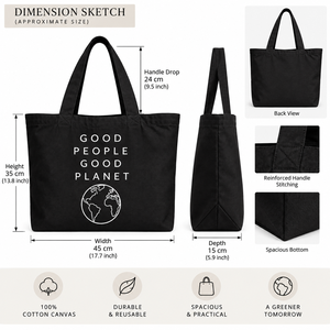 Sac fourre-tout Good People Good Planet en coton noir imprimé, sac de courses écologique - Product Image 2