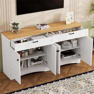 On-Trend 70 \ "Farmhouse White TV Stand 2 cajones Estantes ajustables Gabinete de buffet de mediados de siglo Aparador de grano de madera rústica para - Product Image 1