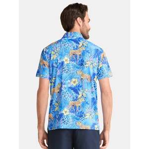 Chemise de golf pour homme à manches courtes en polyester/coton, imprimé floral bleu, décontractée, respirante, coupe régulière, tricotée, 180g - Product Image 3