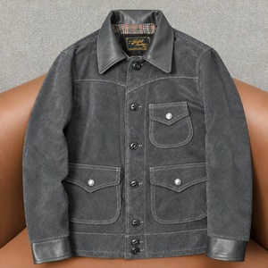 Veste en cuir de vachette suédée vintage pour homme, col rabattu, multi-poches, coupe classique, vêtement décontracté de style motard - Product Image 2