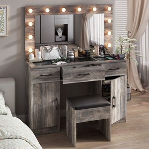 Large Lighted <b>Mirror</b> <b>Makeup</b> Vanity Desk Set with 3 Drawers 2 Cabinets Wood Top Vanity Table for Dressing Power Outlet Included - Product Image 4