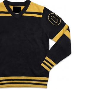 Custom fraternity Men's Black Knitted Sweater Yellow Trim Striped Pullover Embroidery Sleeve <b>Number</b> Autumn Wear - Product Image 5