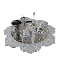 Ensemble de thali pour pooja en argent plaqué, design moderne et exquis, fait main, pour Diwali, cadeaux de mariage et dévotion à domicile