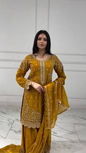 Conjunto Sharara de Georgette con Bordado Intenso, Kurti Tradicional Indio Pakistaní para Mujer, Dupatta, Traje para Bodas y Fiestas - Product Image 2