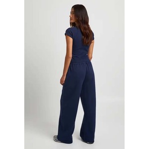 <b>Women's</b> <b>Navy</b> Blue Knitted Two-Piece Set Short Sleeve O-Neck Top With Button Front Loose Fit Full Length Pants Casual Daily Wear - Product Image 3