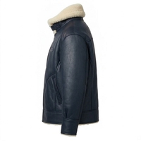 Veste d'aviateur en cuir véritable bleu marine pour homme, col en fourrure, véritable peau d'agneau, veste bomber B3, vêtement d'extérieur chaud pour l'hiver