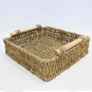 Handmade Seagrass Serving Tray <b>Rectangular</b> Storage <b>Basket</b> with Wooden Handles - Product Image 4