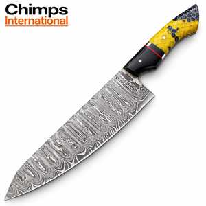 Cuchillo de Chef Santoku de Acero de Damasco Hecho a Mano, Estilo Japonés, Ambidiestro, con Mango de Resina Multicolor |   Longitud de la hoja: 8 pulgadas - Product Image 5
