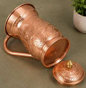 Pichet à eau en cuivre artisanal avec couvercle, design floral embossé vintage, grande capacité, vaisselle pour la maison, bien-être ayurvédique indien - Product Image 2