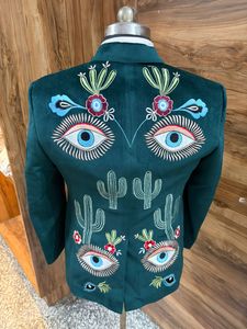 Costume Western brodé vert foncé pour homme avec motifs floraux, cactus et yeux – Ensemble blazer et pantalon style cowboy pour mariage et soirée - Product Image 3
