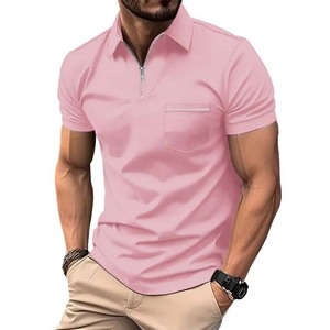 Men's Pink Short Sleeve Zipper <b>Collar</b> Polo <b>Shirt</b> Casual Knitted Solid Color Top - Product Image 1