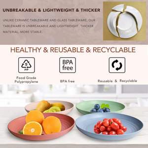 จานฟางข้าวสาลีน้ำหนักเบา ไม่แตกหัก ใช้กับไมโครเวฟและเครื่องล้างจานได้ เหมาะสำหรับเด็กและผู้ใหญ่ ใช้สำหรับสลัด พาสต้า ของว่าง - Product Image 4