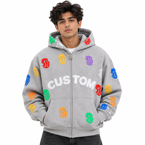 Sweat-shirts à capuche zippés personnalisés pour hommes, avec patchs lettres imprimés 3D en relief multi-logo, style streetwear Y2K oversize, mode décontractée – Fournisseur - Product Image 1