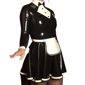 Sexy Black PU <b>Maid</b> <b>Dress</b> With Contrast Lapel And Belt A-Line Fitted Midi Length Party Wear - Product Image 4