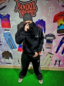 Custom Logo Two Panel <b>Embroidery</b> Tracksuit <b>Set</b> for Men 450 GSM Cotton Fleece Sweatshirt & Jogger Pants - Product Image 6