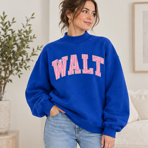 Sweat-shirt à col rond pour femme, rose à carreaux, imprimé lettres WALT, mélange de coton, style universitaire, haut d'automne - Product Image 2