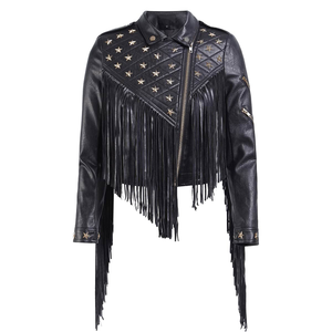 Chaqueta de Cuero Negra para Mujer, Estilo Invernal 2026, Cálida y Elegante, Hecha a Mano, con Tachuelas en Forma de Estrella y Flecos Largos - Product Image 1