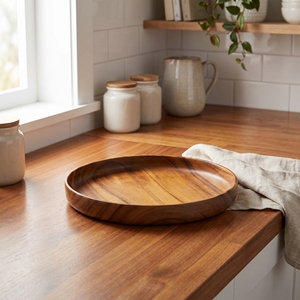 Assiette de service ronde en bois de Suar de qualité alimentaire, brun clair, vingt-huit centimètres, pour le petit-déjeuner, les boissons et la décoration de table à la maison - Product Image 3
