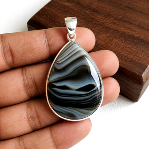 Collar con Colgante de Ágata Negra Natural con Banda, Forma de Pera, Engaste en Bisel, Plata 925, Joyería de Piedras Preciosas Hecha a Mano, Certificada, para Mujer, Unisex - Product Image 3