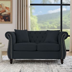 Divano Chesterfield a 2 Posti in Velluto Nero da 149 cm con Braccioli Arrotolati e Borchie Decorative per Soggiorno - Product Image 1