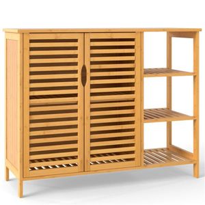 Mobiletto da Bagno in Bambù Naturale 100x36x80 cm, Armadietto Chiuso in MDF con Ripiani Aperti per Conservazione di Articoli da Toilette/Asciugamani - Product Image 2