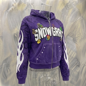 Sweat-shirt à capuche zippé Snowgrace avec imprimé lettres en strass, coupe oversize, unisexe, décontracté, pour l'hiver, manches régulières, en polaire - Product Image 4